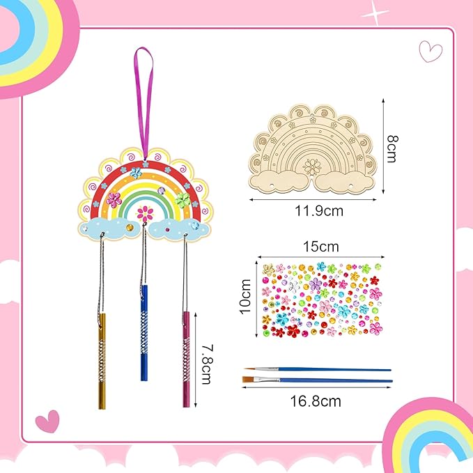 Fennoral 10 Rainbow Wind Chime Craft Kits for Kids Make Your Own Wind Chime Ornament DIY Coloring Wooden Art and Craft for Classroom Art Projects Spring Christmas Birthday Decorations