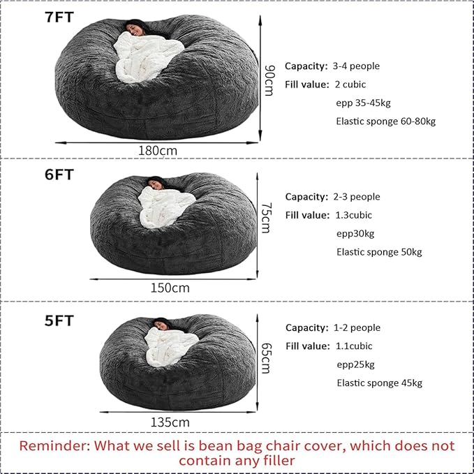 Bean Bag Chairs for Kids Comfy Fluffy Big Joe Bean Bag Chair Cover Without Filler Round Sofa Chairs for Bedroom Living Room Decor, 5FT, Silver Blue