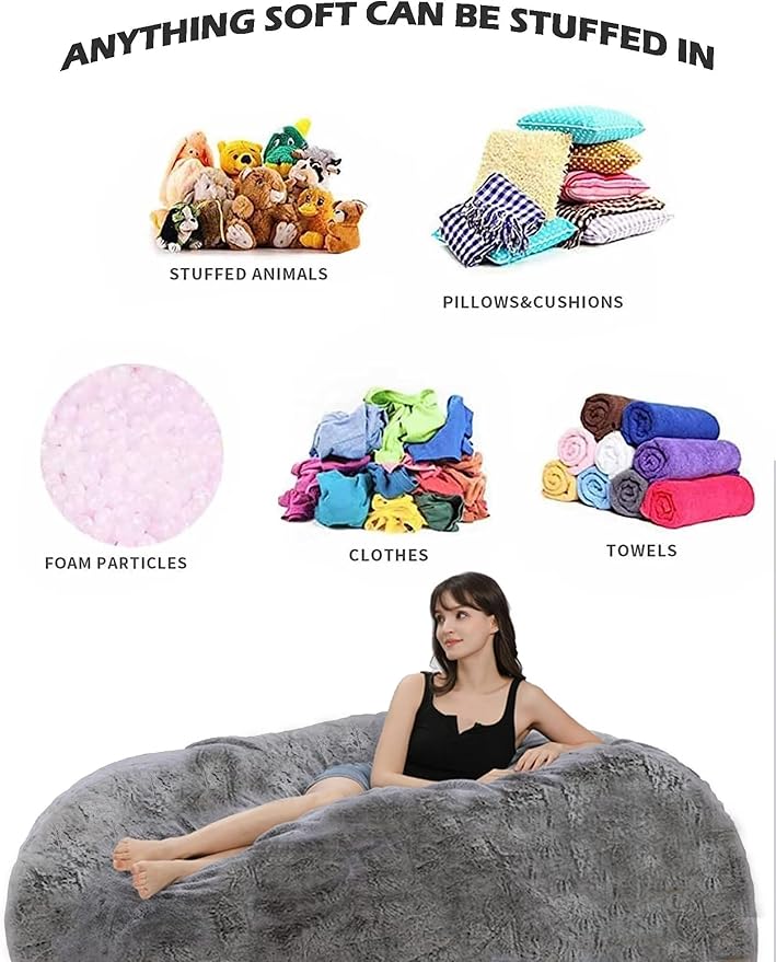 Bean Bag Chairs for Kids Comfy Fluffy Big Joe Bean Bag Chair Cover Without Filler Round Sofa Chairs for Bedroom Living Room Decor, 5FT, Silver Blue
