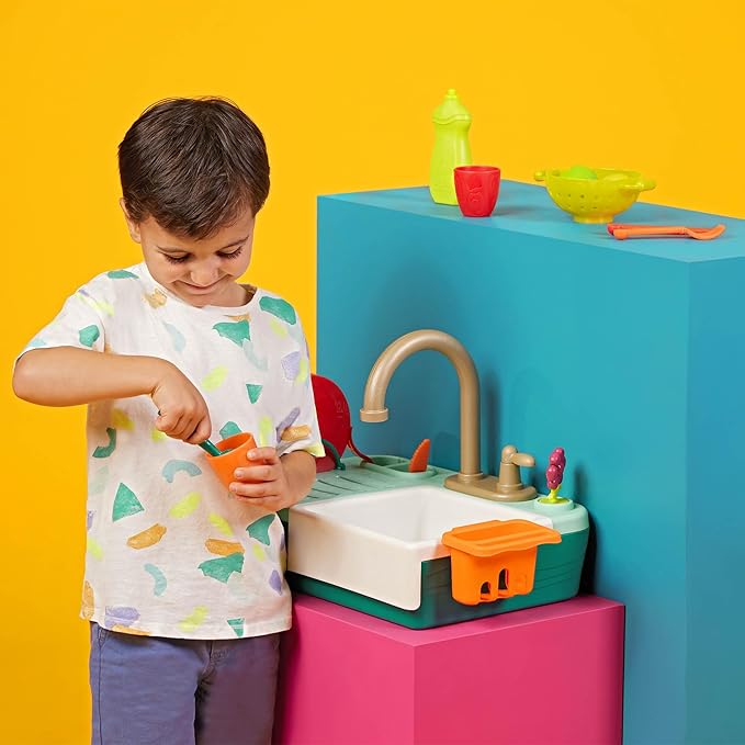 B. toys- Splash-n-Scrub Sink- Pretend Play Color Changing Playset – Toy Kitchen Sink – Faucet & Running Water, Dishes, Play Food- 3 Years + (15 Pcs)
