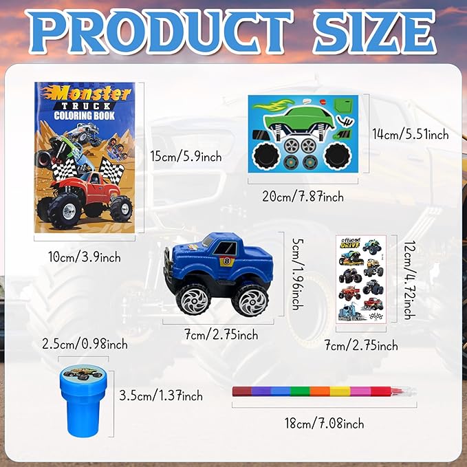 Cinrobiye 72Pcs Monster Truck Coloring Book with Crayons Bulk,Truck Car Party Favors Goodie Bags Fillers,Hot Wheels Birthday Party Supplies Face Stickers Tattoo Prizes Gift for Monster Truck Party