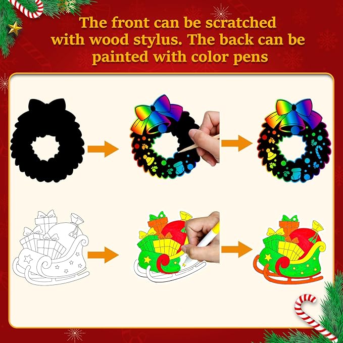 Garma 72Pcs Christmas Crafts Scratch Art for Kids, Rainbow Scratch Paper Christmas Ornaments Crafts Christmas Party Favors Toys Xmas Tree Ornaments Hanging Craft Art Kits