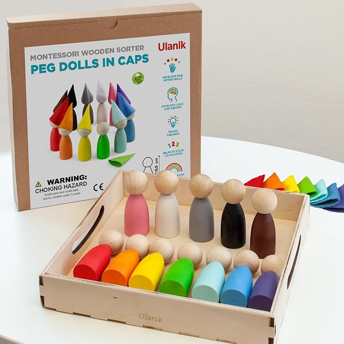 Ulanik Large Peg Dolls with Hats Toddler Montessori Toys for 3 Year Old + Kids Wooden Waldorf Dolls for Learning Color Sorting and Counting β 12 Gnomes, 3.35 in