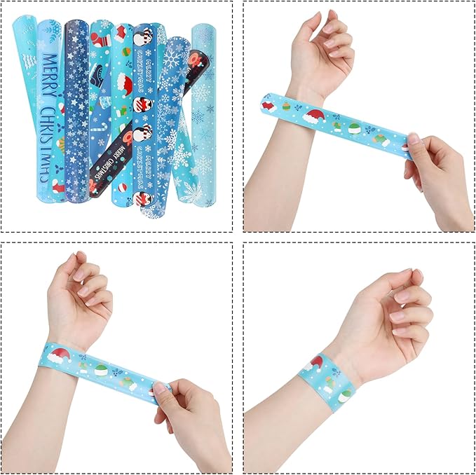 CCINEE 48Pcs Christmas Slap Bracelets,Xmas Snowflake Slap Wristbands Assorted Christmas Theme Pattern Snap Wristbands for Kids Christmas Frozen Party Favors Gift Bag Filler