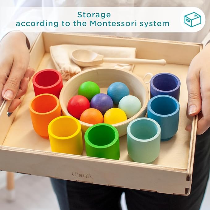 Ulanik Rainbow Balls in Cups Toddler Montessori Toys for 1+ Year Old Kids Wooden Matching Game for Learning Color Sorting and Counting β 7 Balls, 1.18 in