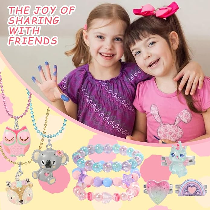 PinkSheep Clip On Earrings and Necklace for Little Girls, 6 Sets, Unicorn Earrings and Necklace, Party Favors Bag multicolored