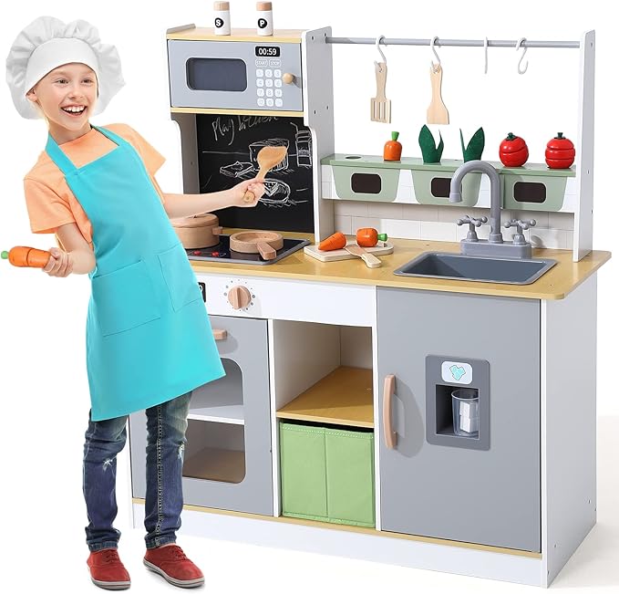 Play Kitchen for Kids, Wooden Play Kitchen with Toy Storage System, Kids Play Kitchen with Cookware Accessories, Kids Play Kitchen Designed, Gift for Ages 3+