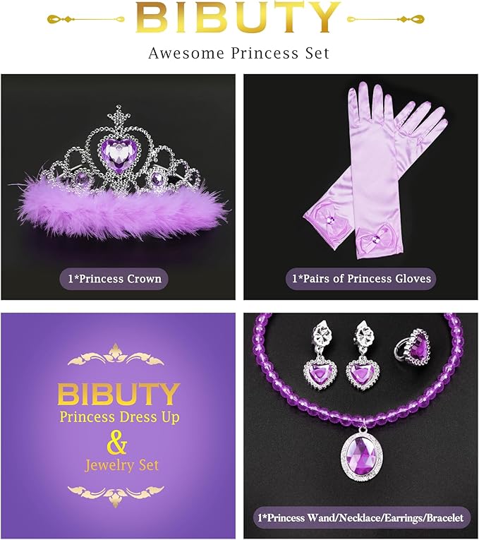 Princess Dress Up Accessories Princess Gloves, BIBUTY 7pcs Dress Up Set for Toddler Girls with Princess Crown, Wand, Gloves, Necklace, Earrings, Bracelet and Ring, Costume Toys for 3-6 yr Little Girls