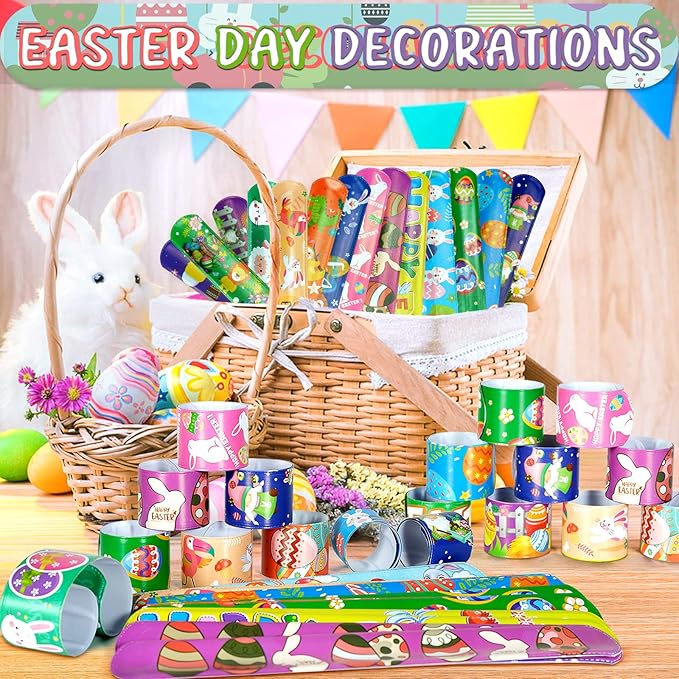 Easter Slap Bracelets 48Pcs Easter Party Favors for Kids Easter Basket Stuffers Easter Bracelets Easter Egg filler Toys Party Supplies Easter Gifts for Class Kids Goodie Bag Fillers Easter Hunt Games
