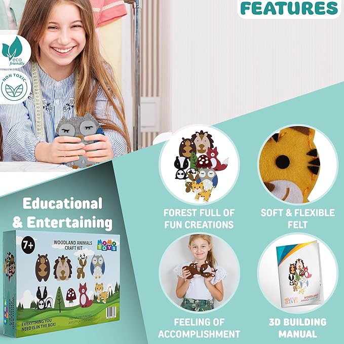 MOMOTOYS Kids Sewing Kit for Kids, Fun & Educational Woodland Animals Sew Craft Set for Boys and Girls Ages 8-12, Complete Beginner Sewing Kit with Felt Plushie for Creative DIY Projects