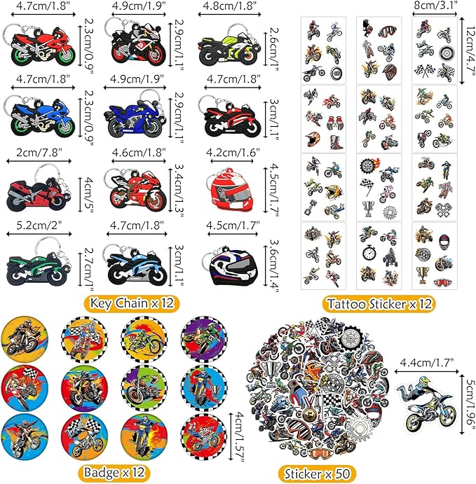 Dirt Bike Party Favor Supplies, Including Gift Bag Tattoo Stickers Badge Slap Bracelets Silicone Wristbands DIY Stickers Keychain, for Motorcycle Theme Party Club Gift Boy Birthday Party Fillers