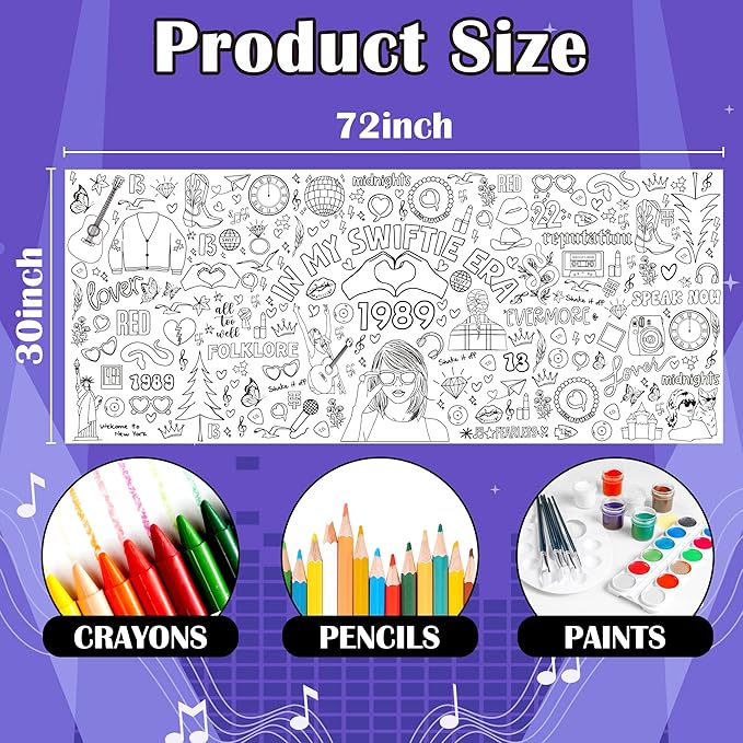 OHOME Taylor Giant Coloring Poster/Tablecloth - Taylor Birthday Decorations - 30 x 72 Inches Jumbo Coloring Banner Kids Crafts Activities Decor Party Favors Decorations - Taylor Merch Gifts for Girls