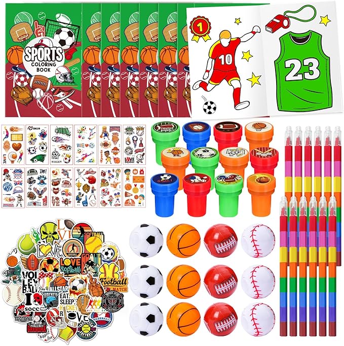 Cinrobiye 72 Pieces Sports Party Favors,Sports Goodie Bags Fillers ,Sports Coloring Book with Crayons,Ball birthday Party Supplies,Sports Games Class Prizes Gift for Classroom Sports School Party