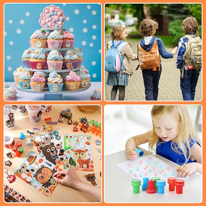 Poen 212 Pcs Woodland Party Favors Set Include Cup Straw Stamp Clap Bracelet Keychain Ring Puzzle Sticker Animal Miniature Card for Birthday Party Baby Shower Goody Bag Stuffer