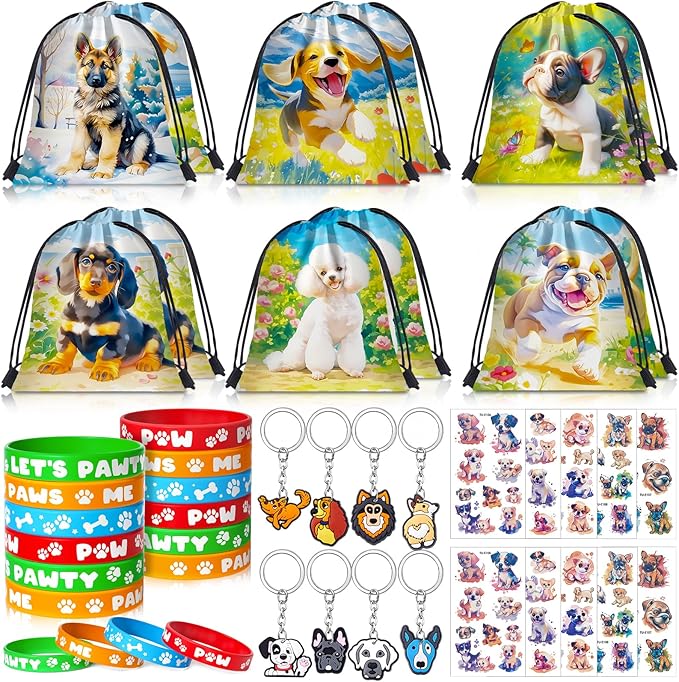 Dog Party Favors Birthday Supplies, Puppy Drawstring Bag Keychain Silicone Bracelet Tattoo Sticker, Paw Birthday Party Favor Goodie Bag Stuffers Fillers Classroom Rewards for Kids
