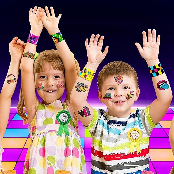 48PCS 90s & 80s Party Favors - 24PCS Tattoos & 24PCS Slap Bracelets, Retro 90s Birthday Party Supplies Decorations, Ideal for Kidsâ Classroom Prizes & Rewards for Boys & Girls