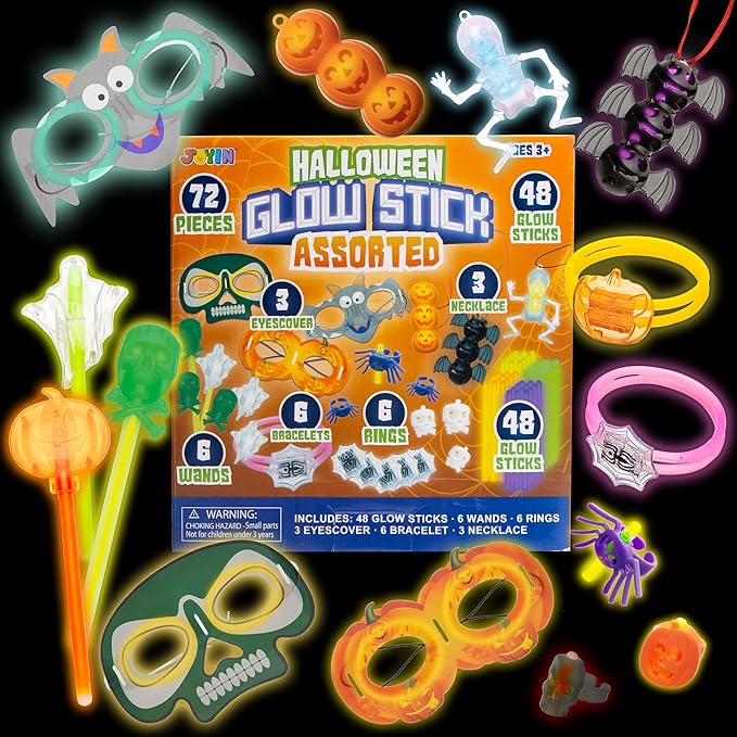 JOYIN 72 Pcs Halloween Glow Stick Bulk Light Up Party Supplies with 3 Eyescover, 3 Pendants, 6 Rings, 6 Wands, 6 Bracelets, 48 Glow Sticks for Halloween Glow in the Dark Party Favor Goodie Bag Fillers
