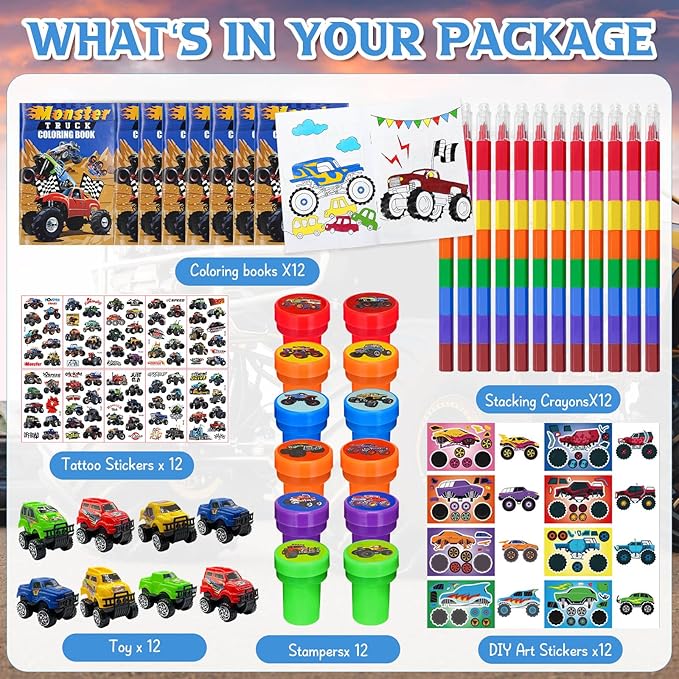Cinrobiye 72Pcs Monster Truck Coloring Book with Crayons Bulk,Truck Car Party Favors Goodie Bags Fillers,Hot Wheels Birthday Party Supplies Face Stickers Tattoo Prizes Gift for Monster Truck Party