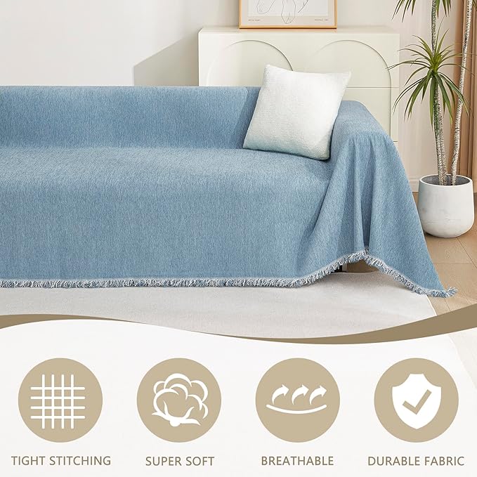 MYSKY HOME Sectional Couch Cover Blanket Living Room Furniture Protector for Pets, Farmhouse Home Decor Sofa Covers Tassel Chenielle Sofa Slipcover Soft Throw Couch for Dogs, 71" X 150", Blue