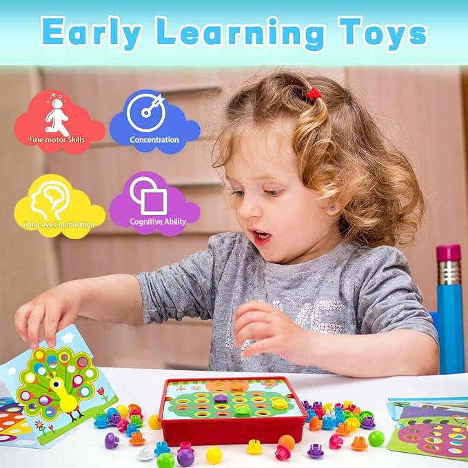 Button Art Toys for Toddlers, Crafts for Toddler Toys Age 3-5, Early Learning Educational Toys, Color Matching Puzzle, Fine Motor Skills Game, Preschool Learning Toys for Boys & Girls 3+