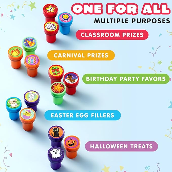 JOYIN 50 Pcs Assorted Stamps for Kids - Self-Ink Stamps with 50 Designs for Birthday Party Favor, Carnival Prizes, School Stampers, Goodie Bag, Halloween, Christmas (Zoo, Holiday Stampers)