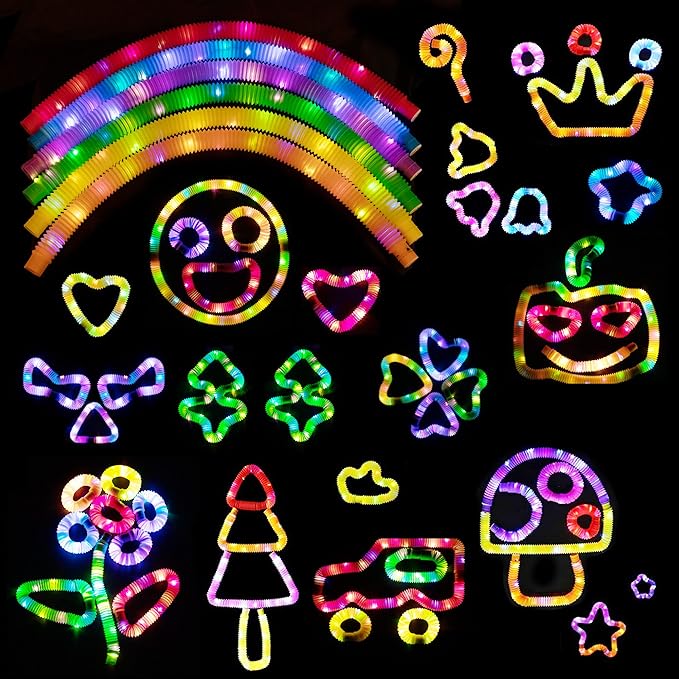 D-FantiX 12Pack LED Light Up Pop Tubes Glow Sticks, Glow Fidget Toy in The Dark Necklaces Bracelets, Birthday Party Favor for Kids, Christmas Decorations Supplies Goodie Bag Stuffers for Boys Girls