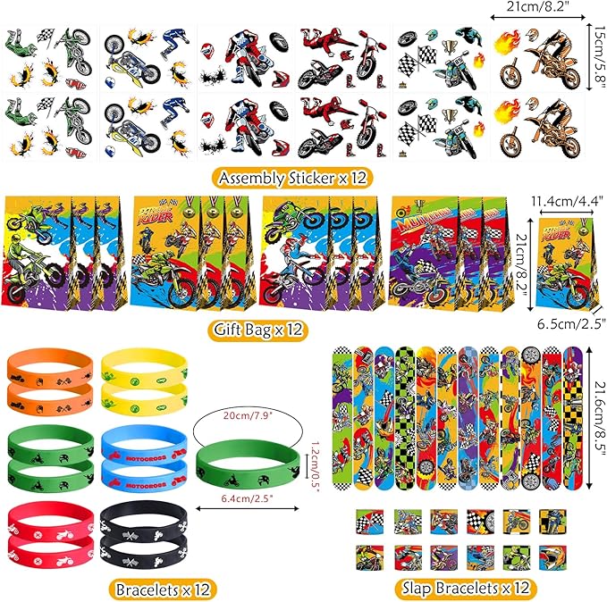 Dirt Bike Party Favor Supplies, Including Gift Bag Tattoo Stickers Badge Slap Bracelets Silicone Wristbands DIY Stickers Keychain, for Motorcycle Theme Party Club Gift Boy Birthday Party Fillers