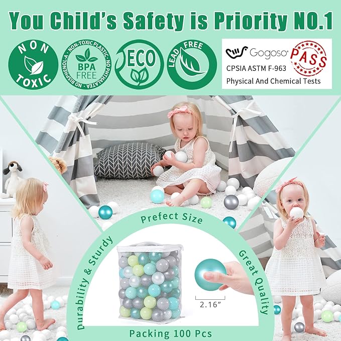 GOGOSO Ball Pit Balls -100pcs BPA Free Balls Crush Proof Pool Balls Toy for Baby Boys Girls Playhouse Pool Birthday Party Decoration,Pearl Balls +Macaron Balls Green+Gray+White