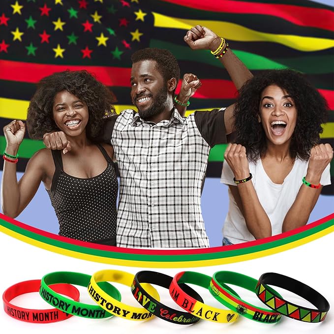 JUNEBRUSHS 42pcs Happy Black History Month Party Favors Silicone Bracelets Rubber Wristbands Accessories for Kids Adults African American Freedom Day Patriotic Party Decorations Gift Bag Fillers
