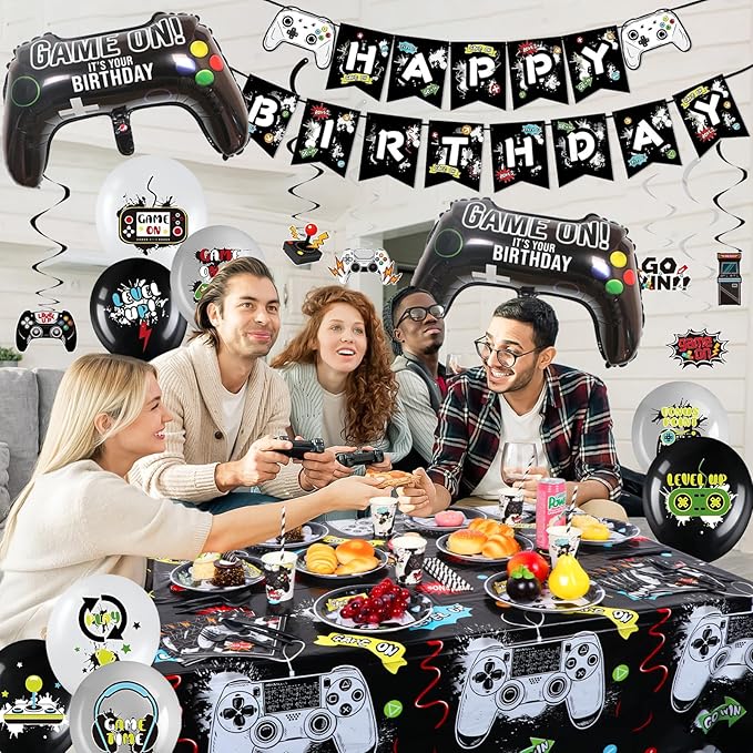 Video Game Birthday Decorations, 168 Pcs Black Gaming Party Supplies Serves 10 Guests Birthday Themes for Boys