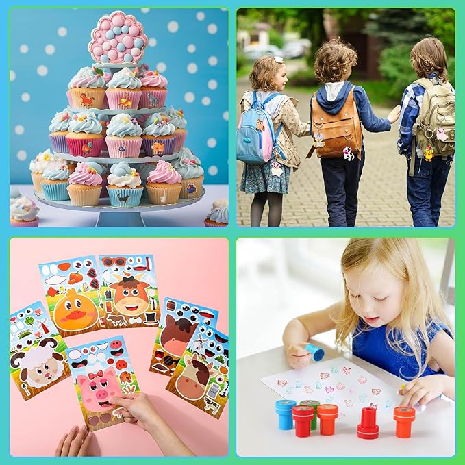 Poen 212 Pcs Farm Animal Party Favors Set Include Cup Straw Stamp Clap Bracelet Keychain Ring Puzzle Sticker Animal Miniature Card for Birthday Party Baby Shower Goody Bag Stuffer