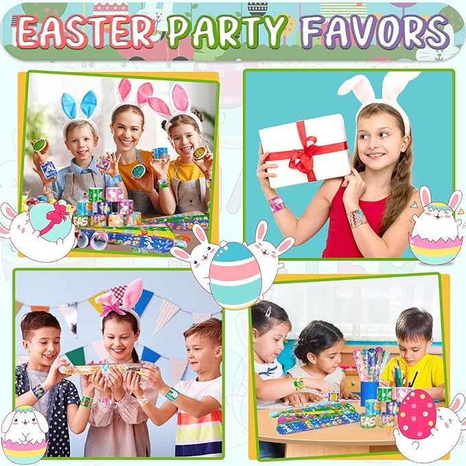Easter Slap Bracelets 48Pcs Easter Party Favors for Kids Easter Basket Stuffers Easter Bracelets Easter Egg filler Toys Party Supplies Easter Gifts for Class Kids Goodie Bag Fillers Easter Hunt Games
