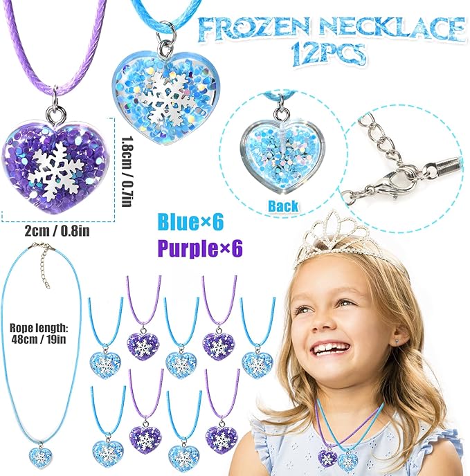 Winrayk 130Pcs Frozen Party Favors Birthday Supplies Heart Necklace Silicone Bracelet Stamper Snowflake Sticker Gift Bag Ring Pinata Filler Goody Bag Stuffer Kid Girl Winter Elsa Frozen Party Supplies