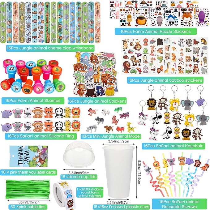 Poen 212 Pcs Jungle Party Favors Set Include Cup Straw Stamp Clap Bracelet Keychain Ring Puzzle Sticker Animal Miniature Card for Birthday Party Baby Shower Goody Bag Stuffer