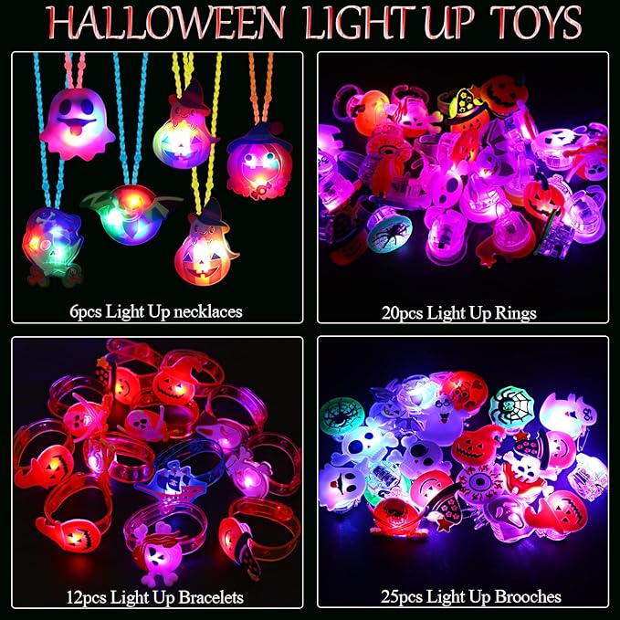 DIYASY 63 Pcs Halloween Party Favors, Light Up Rings Necklace LED Flash Bracelets Lighted Brooches Bulk Glow Toys Party Supplies Decorations for Kids