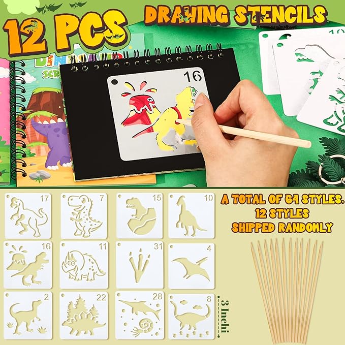 Dinosaur Party Favors Birthday Supplies, Dino Scratch Notebooks Straw Drawing Stencil Dinosaur Figures Keychain Silicone Bracelet Sticker, Dinosaur Birthday Party Goodies Bag Stuffer Filler
