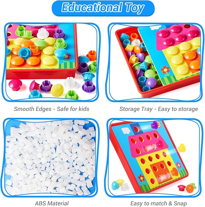 Geekper 68PCS Button Art Toys for Toddlers Color Matching Mosaic Pegboard, Early Learning Educational Toys for 3, 4, 5, 6 Year Old Kids Boys and Girls, 10 Pictures and 58 Buttons