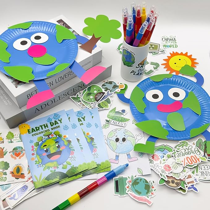 Cinrobiye 72 Pcs Earth Day Party Favors Gifts,Save the Planet Coloring Books with Stacking Crayons,Earth Party Crafts DIY Kit,Travel Party Stickers World Environment Day Decorations for Classroom