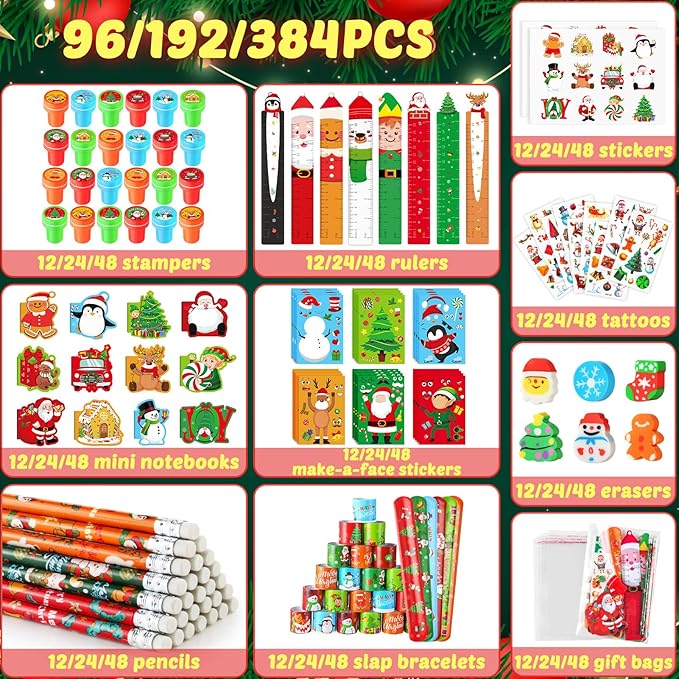 BenLouis Christmas School Stationery Set Party Favors Xmas Classroom Gift Prizes Bulk for Students Kids Holiday Stockings Pinata Filler Christmas School Goodie Bag Stuffers Decor(12set Christmas)