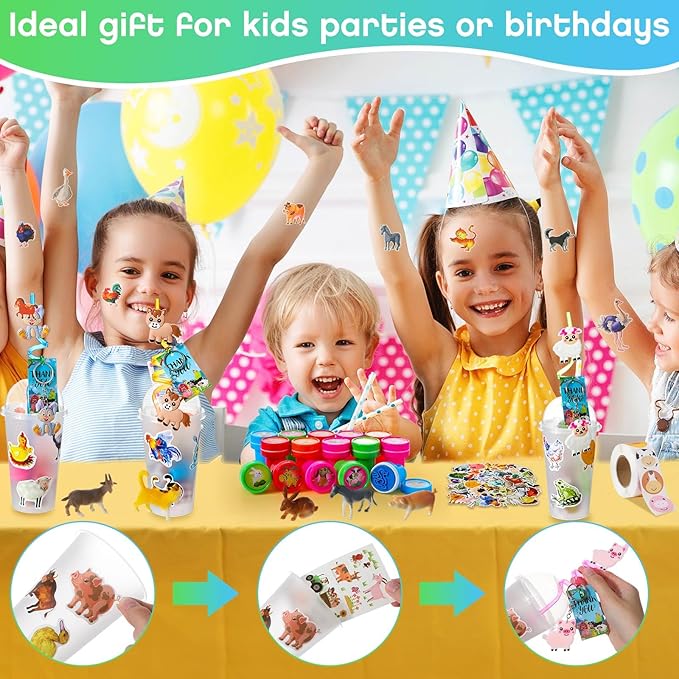 Poen 212 Pcs Farm Animal Party Favors Set Include Cup Straw Stamp Clap Bracelet Keychain Ring Puzzle Sticker Animal Miniature Card for Birthday Party Baby Shower Goody Bag Stuffer