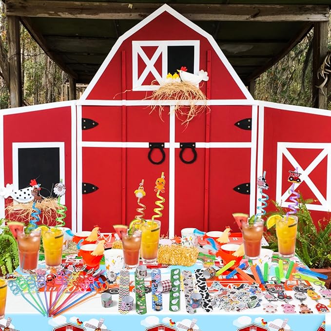 Winrayk 98Pcs Farm Animals Party Favors Barnyard Birthday Supplies, Drinking Straw Mini Bubble Wand Slap Bracelet Keychain Sticker Teen Kid Farm Theme Pinata Filler Goody Bag Stuffer Farm Party Favors
