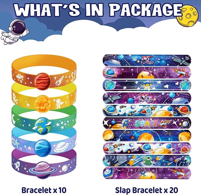 Space Party Favors, 30 Pcs Outer Space Themed Birthday Decorations, 10 Silicone Bracelet, 20 Slap Bracelet for Astronaut Kids Birthday Gift