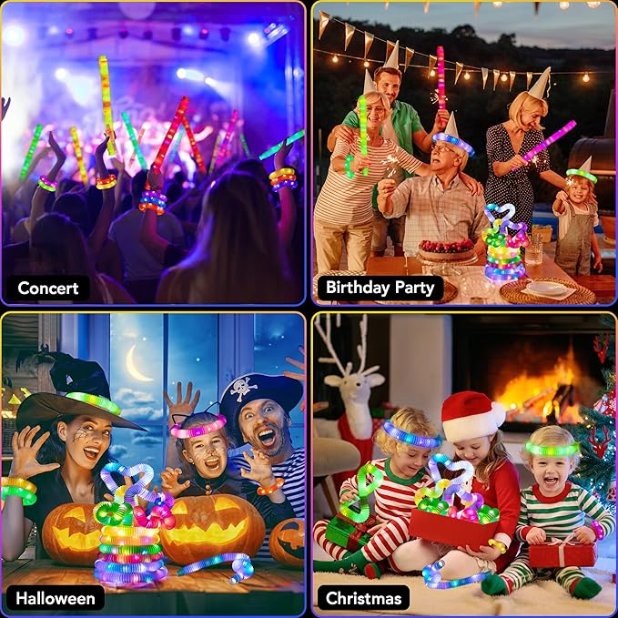 D-FantiX 12Pack LED Light Up Pop Tubes Glow Sticks, Glow Fidget Toy in The Dark Necklaces Bracelets, Birthday Party Favor for Kids, Christmas Decorations Supplies Goodie Bag Stuffers for Boys Girls