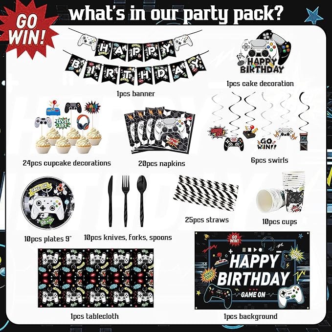 Video Game Birthday Decorations, 168 Pcs Black Gaming Party Supplies Serves 10 Guests Birthday Themes for Boys