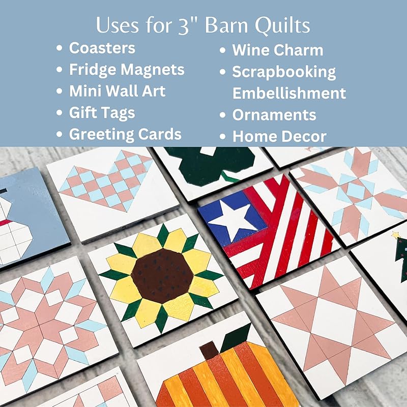 Bulk Set of 4 Mini Unfinished Floral Barn Quilt Square Wooden Sign, Country Decor Canvas Quilts Blocks (3 inches, Diamond Flower) AVTRBoutique