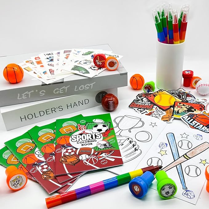 Cinrobiye 72 Pieces Sports Party Favors,Sports Goodie Bags Fillers ,Sports Coloring Book with Crayons,Ball birthday Party Supplies,Sports Games Class Prizes Gift for Classroom Sports School Party