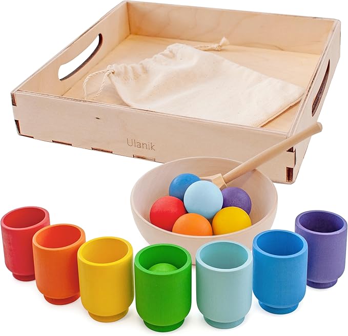 Ulanik Rainbow Balls in Cups Toddler Montessori Toys for 1+ Year Old Kids Wooden Matching Game for Learning Color Sorting and Counting β 7 Balls, 1.18 in