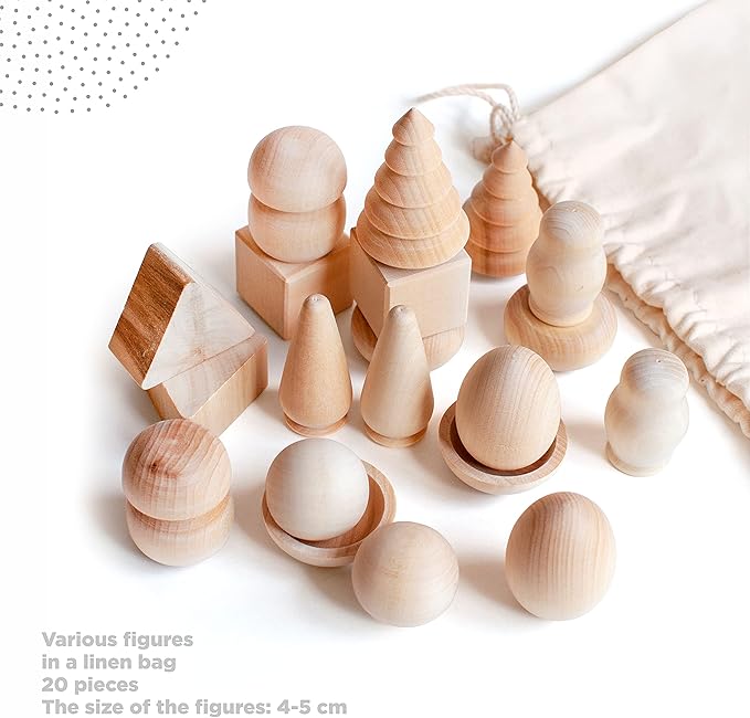 Ulanik Wonderful Bag Toddler Montessori Toys for 3 Year Old + Unfinished Wooden Figurines for Shape Sorting & DIY Painting Pyrography Decoupage Crafts β 20 pcs
