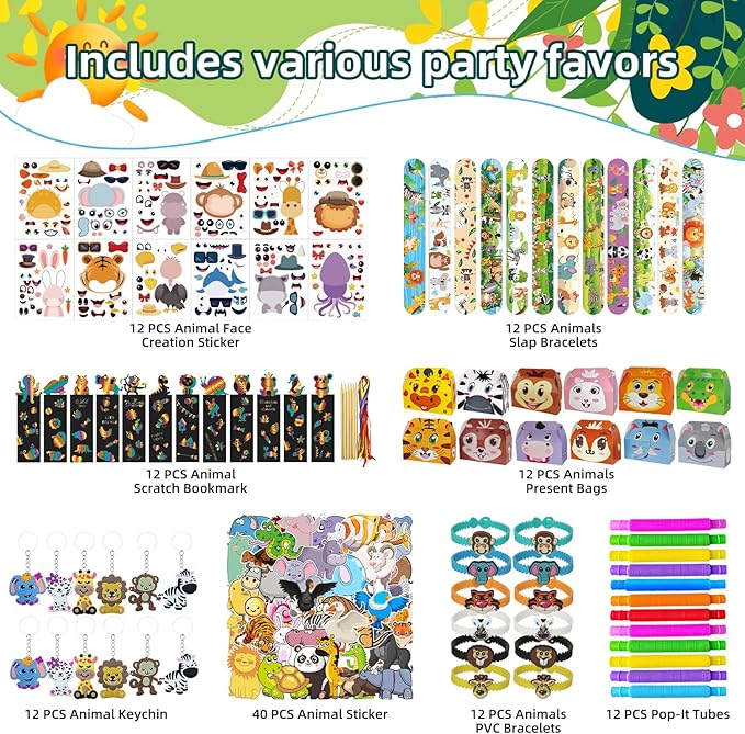Jungle Safari Party Favors Set-124 PCS Wild Animal Theme Toys and Goodies for Kids,Party Favors,Goodie Bag Stuffers for 3+ Years Old,Jungle Trinkets for Birthday Parties and toddlers Show