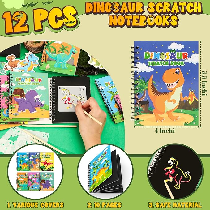 Dinosaur Party Favors Birthday Supplies, Dino Scratch Notebooks Straw Drawing Stencil Dinosaur Figures Keychain Silicone Bracelet Sticker, Dinosaur Birthday Party Goodies Bag Stuffer Filler